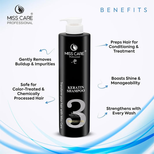 Miss Care Professional Keratin Shampoo with Protein and Collagen (1000 ml), for Professional Smooth, Manageable Hair, Frizz-Free Shiny Hair