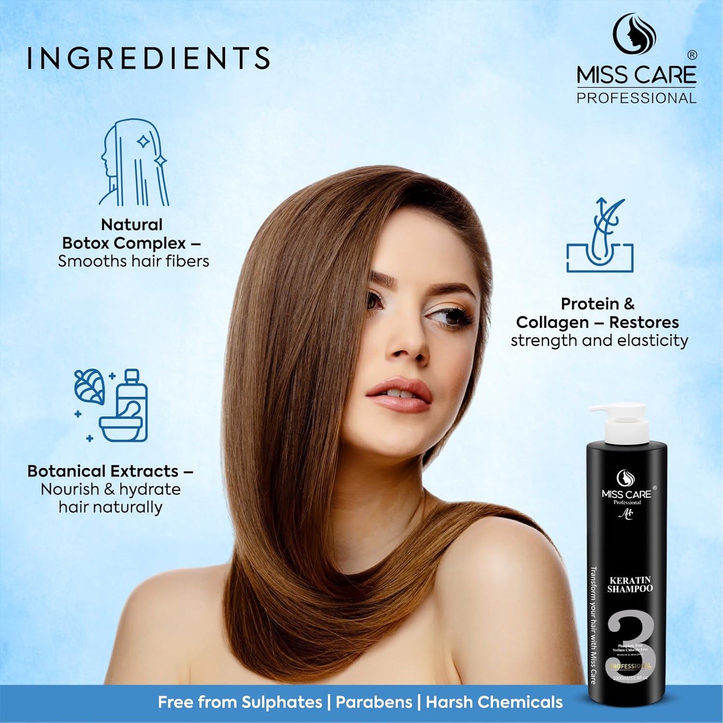 Miss Care Professional Keratin Shampoo with Protein and Collagen (1000 ml), for Professional Smooth, Manageable Hair, Frizz-Free Shiny Hair