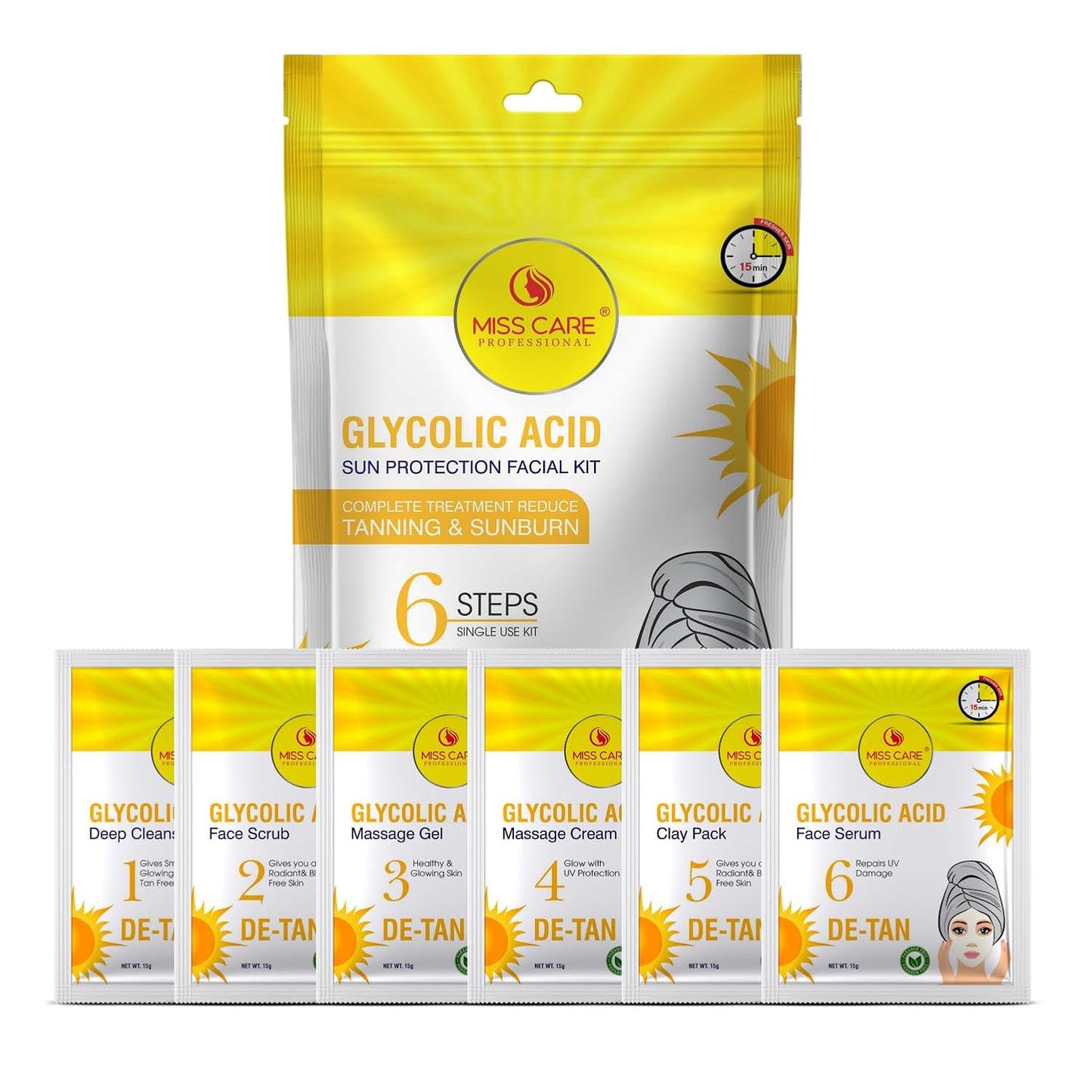 Miss Care Professional Glycolic Acid Facial Kit 90g, 6-Step Skincare Set, Suitable For All Types of Skin, For Women & Men