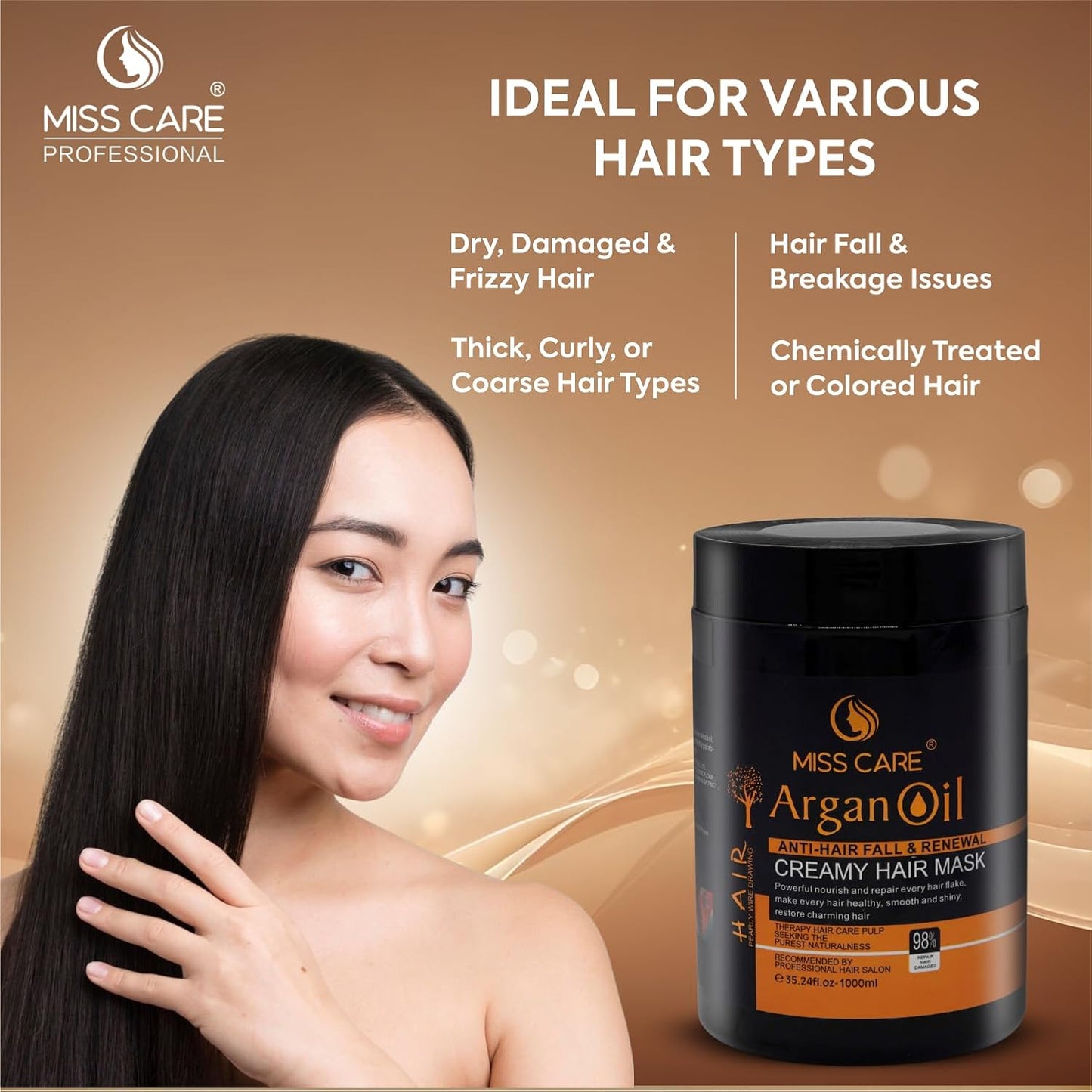 Miss Care Argan Oil Creamy Hair Mask 1000 ml, Deep Conditioning, Smooth, Creamy Texture, for All Hair Types
