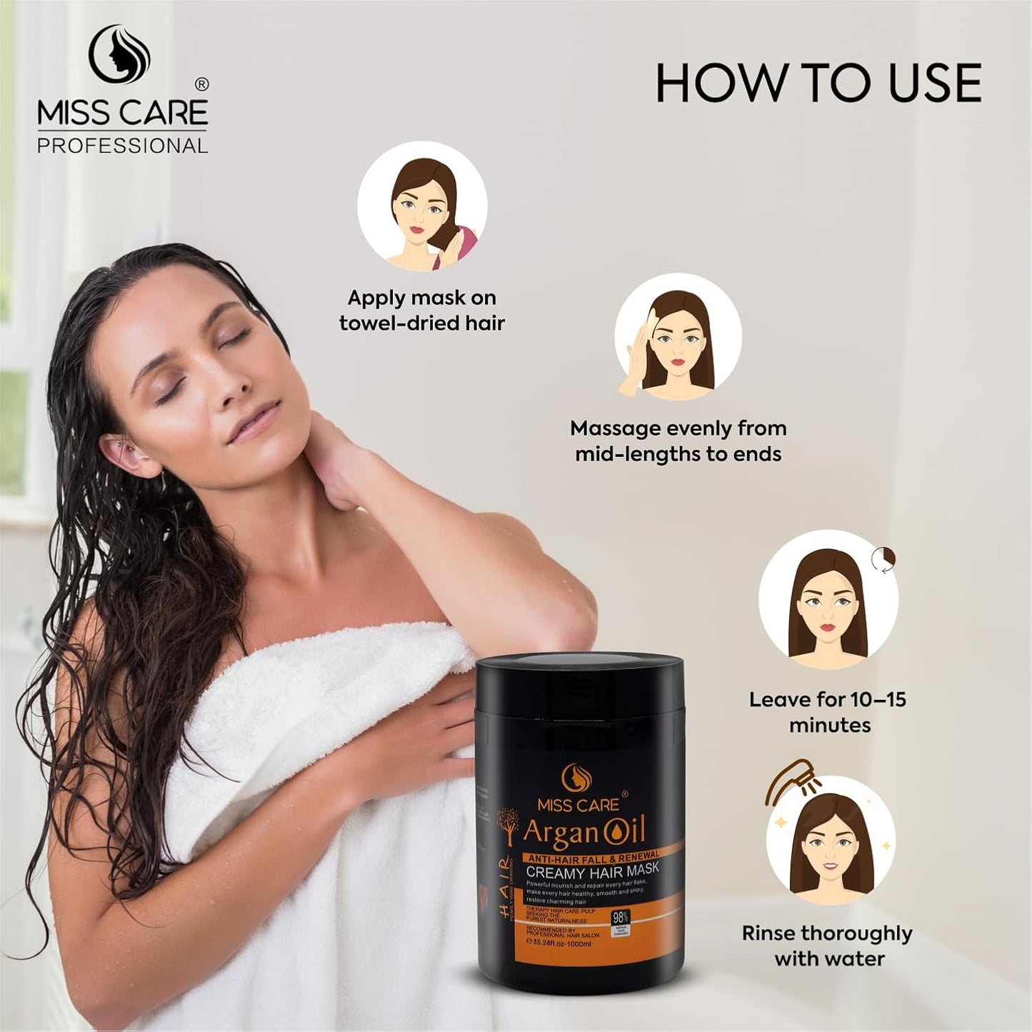 Miss Care Argan Oil Creamy Hair Mask 1000 ml, Deep Conditioning, Smooth, Creamy Texture, for All Hair Types