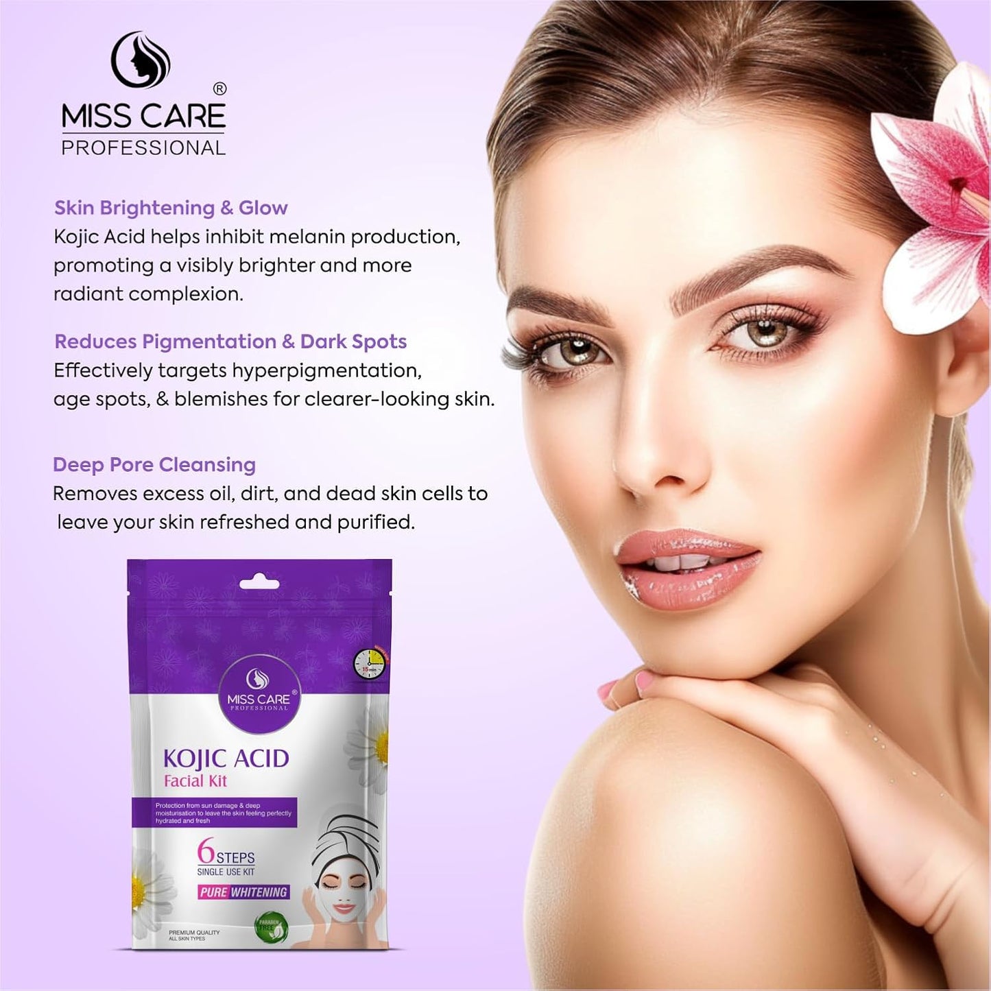 Miss Care Professional Kojic Acid Facial Kit 90g, 6-Step Skincare Set, Suitable For All Types of Skin, For Women & Men
