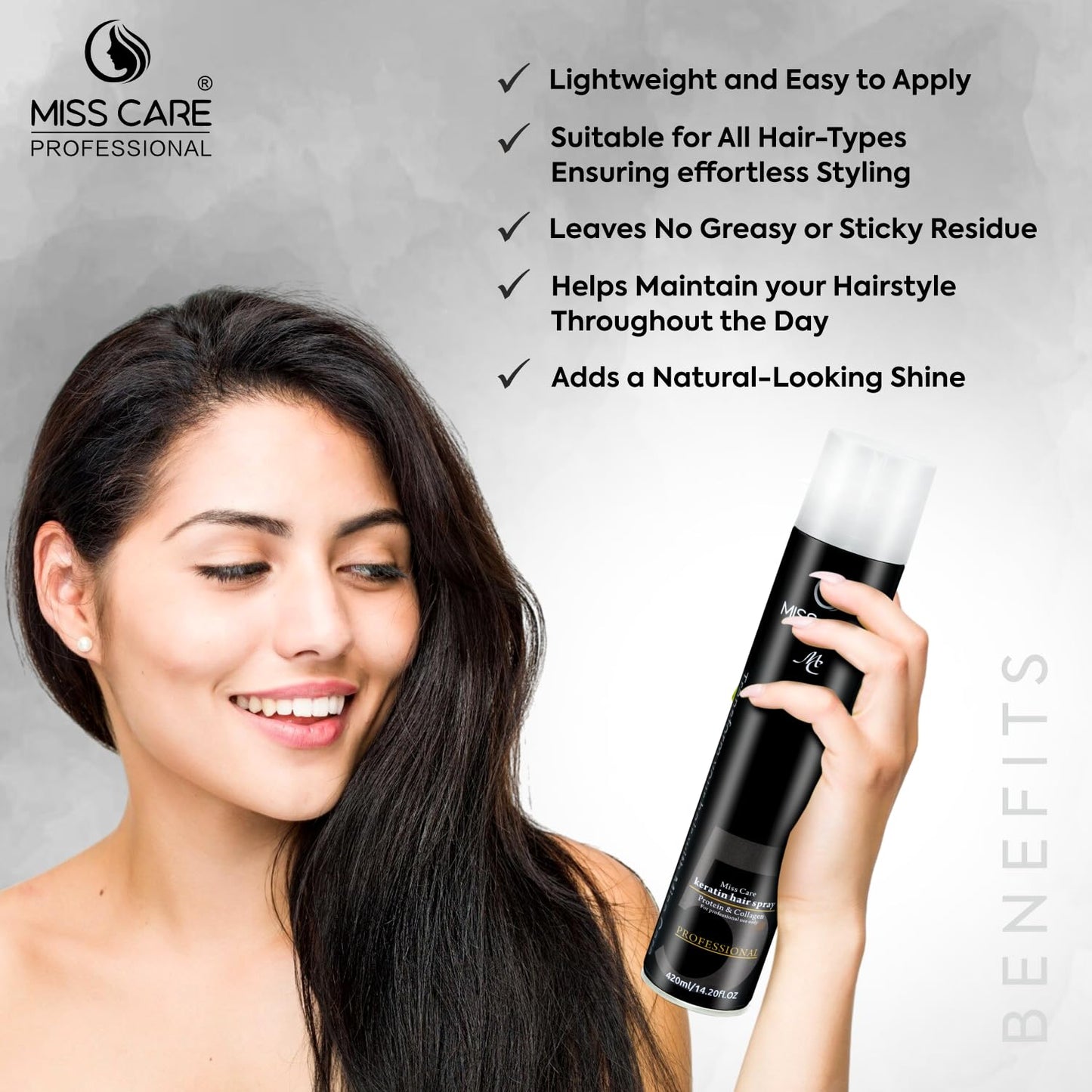 Miss Care Professional Keratin Hair Spray (420ml), Protein & Collagen Blend, Long-Lasting Styling and Sleek Appearance