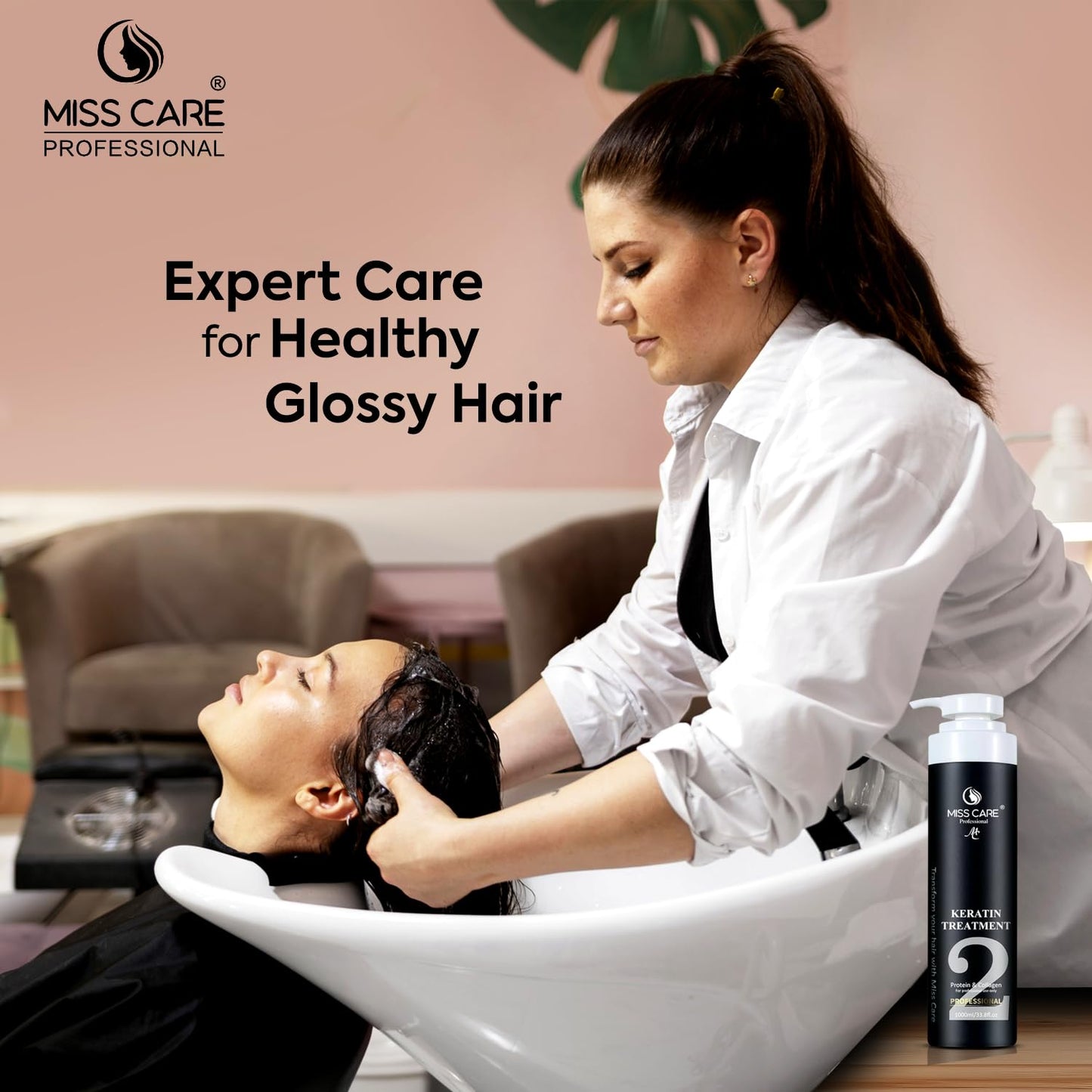 Miss Care Keratin Hair Treatment, Enriched with Protein and Collagen, for Professional Smooth, Manageable Hair, Frizz-Free Shiny Hair (1000 ml)
