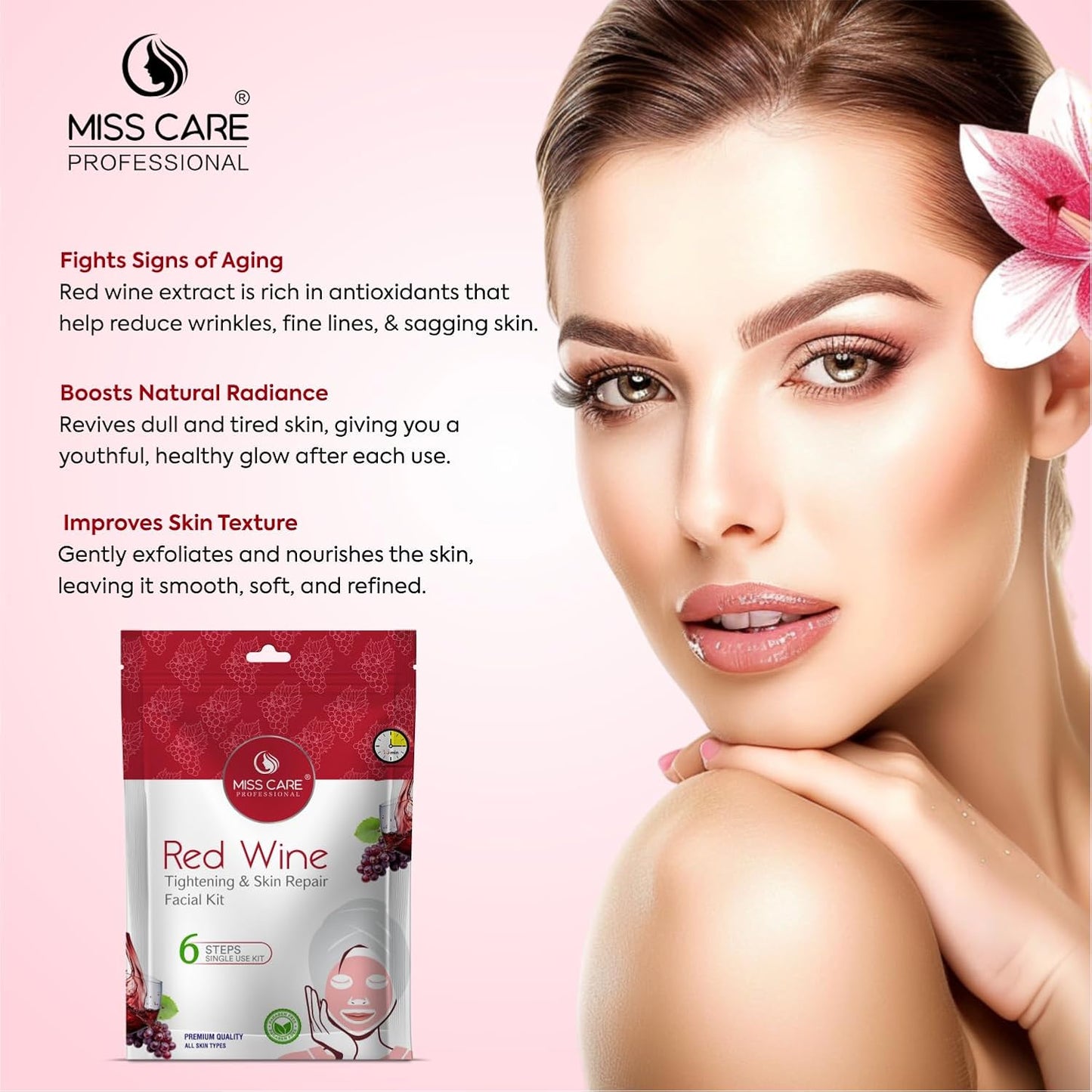Miss Care Professional Red Wine Facial Kit 90g, 6-Step Skincare Set, Suitable For All Types of Skin, For Women & Men