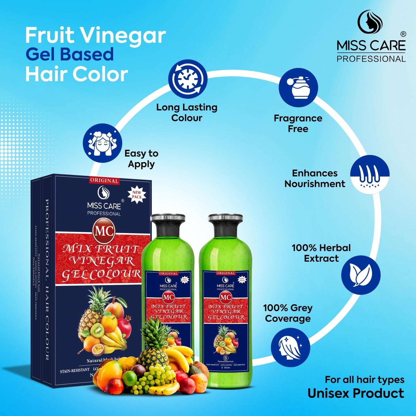 Miss Care Original MC Mix Fruit Vinegar Gel Colour (Natural Black Hair) - 1000 ml, Ammonia Free Hair Dye for Men and Women, Smooth Application