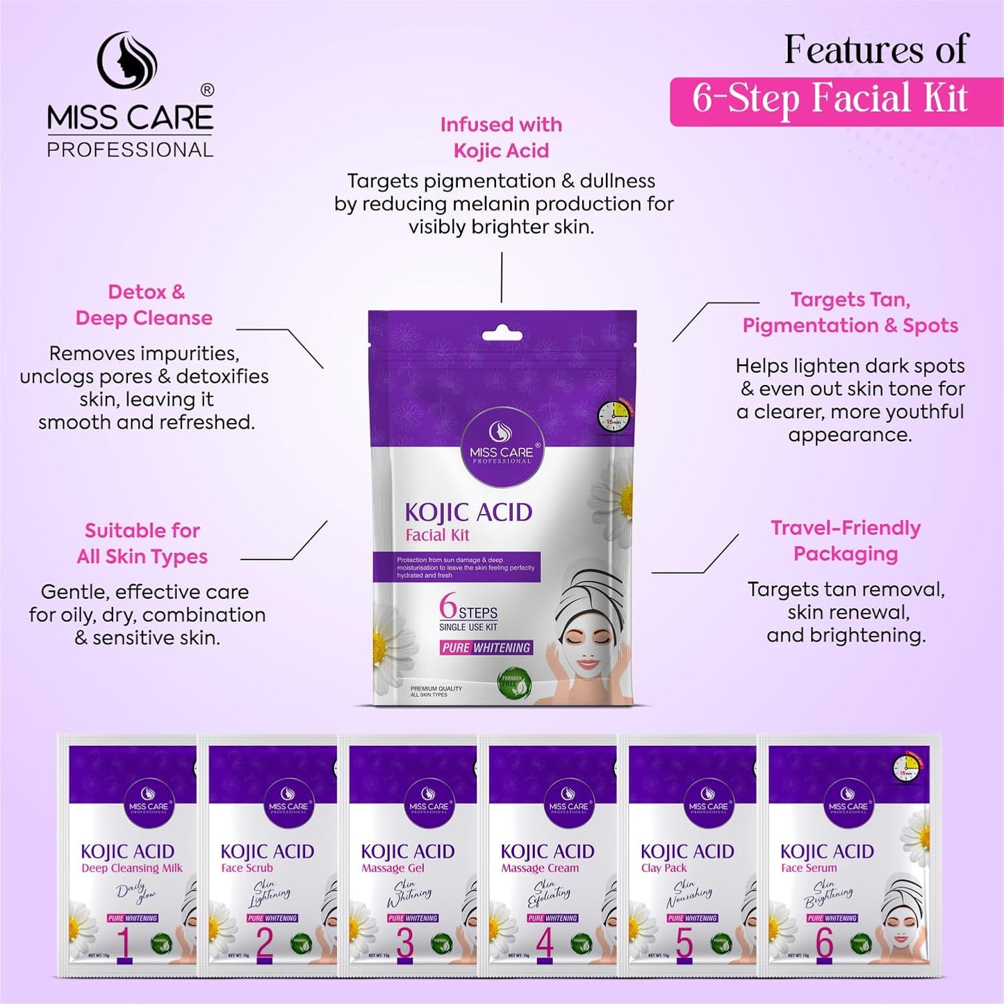 Miss Care Professional Kojic Acid Facial Kit 90g, 6-Step Skincare Set, Suitable For All Types of Skin, For Women & Men