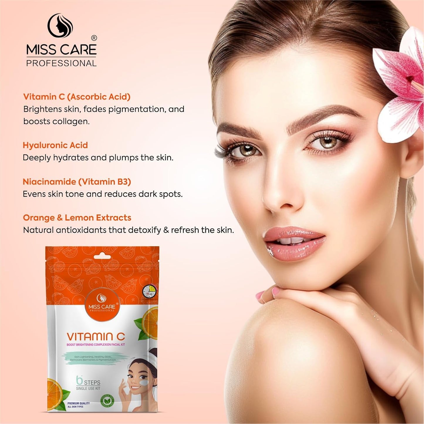 Miss Care Professional Vitamin C Facial Kit 90g, 6-Step Skincare Set, Suitable For All Types of Skin, For Women & Men