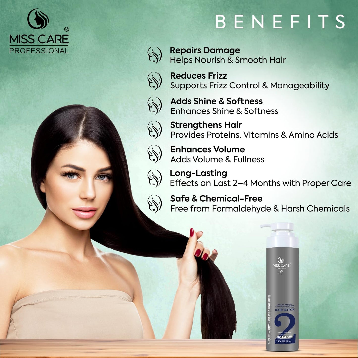 Miss Care Professional Hair Botox Treatment - 250ml, Natural Keratin Smoothening Treatment with Protein and Collagen