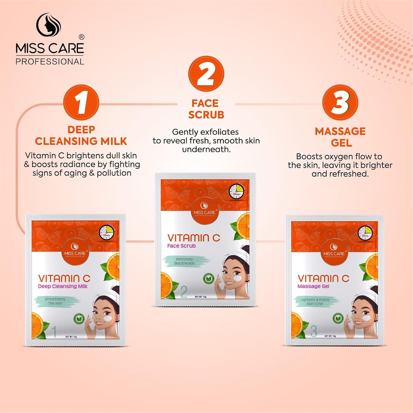 Miss Care Professional Vitamin C Facial Kit 90g, 6-Step Skincare Set, Suitable For All Types of Skin, For Women & Men