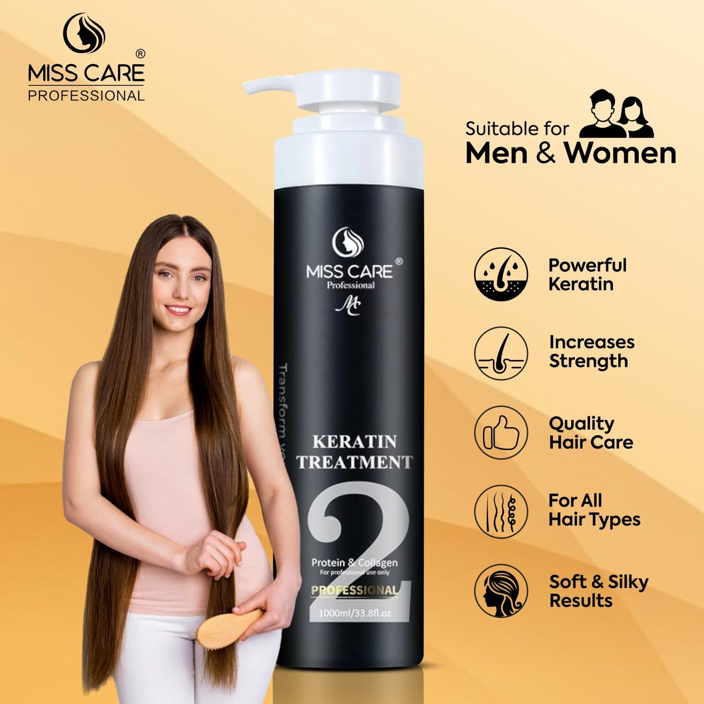 Miss Care Keratin Hair Treatment, Enriched with Protein and Collagen, for Professional Smooth, Manageable Hair, Frizz-Free Shiny Hair (1000 ml)