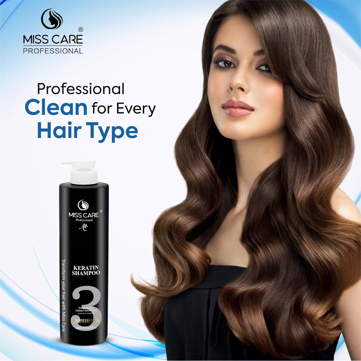 Miss Care Professional Keratin Shampoo with Protein and Collagen (1000 ml), for Professional Smooth, Manageable Hair, Frizz-Free Shiny Hair