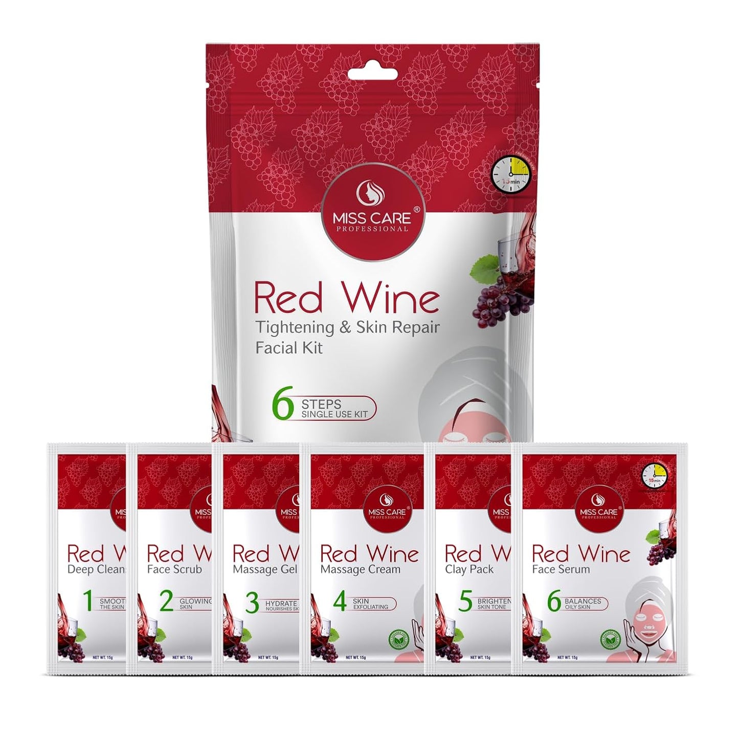Miss Care Professional Red Wine Facial Kit 90g, 6-Step Skincare Set, Suitable For All Types of Skin, For Women & Men