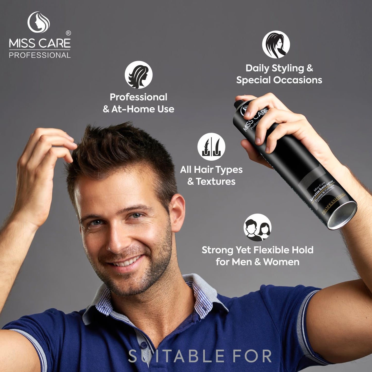 Miss Care Professional Keratin Hair Spray (420ml), Protein & Collagen Blend, Long-Lasting Styling and Sleek Appearance