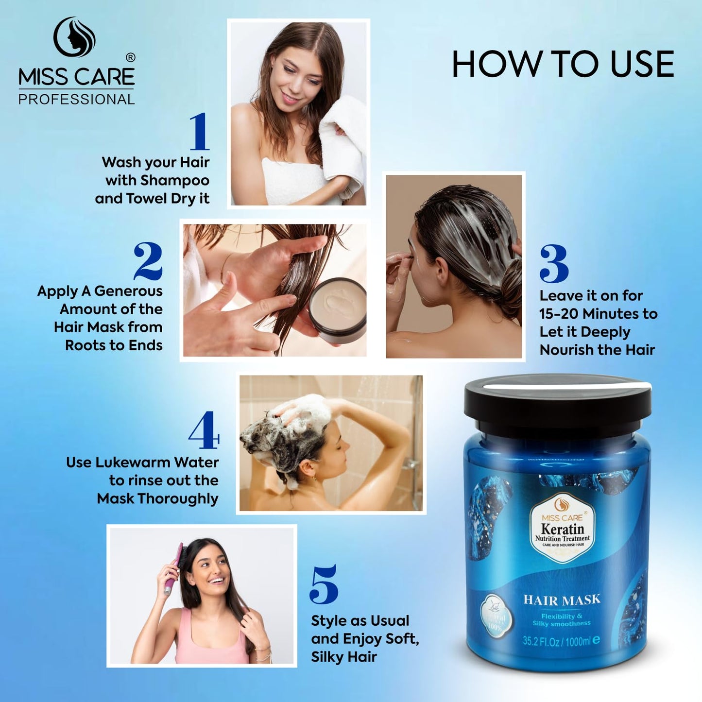 Miss Care Keratin Nutrition Treatment Hair Mask 1000ml, Professional Hair Care, Moisturizing & Smoothing for Dry & Damaged Hair