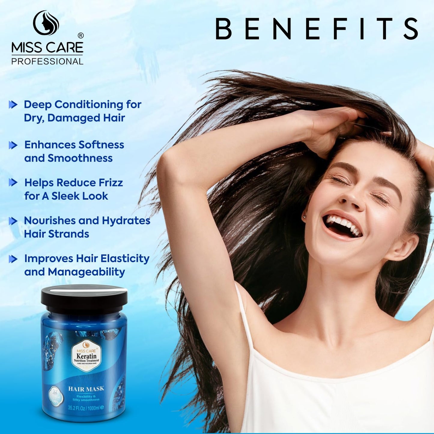 Miss Care Keratin Nutrition Treatment Hair Mask 1000ml, Professional Hair Care, Moisturizing & Smoothing for Dry & Damaged Hair