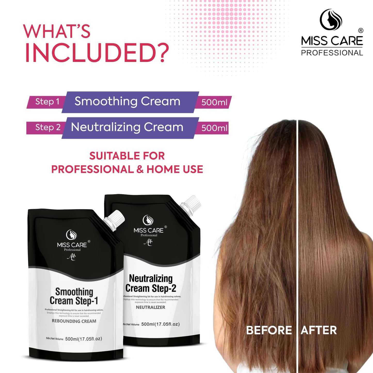 Miss Care Professional Smoothing Cream Step-1, 500ml, With Step-2, 500ml, Neutralizer, Rebounding Cream for Hair Straightening