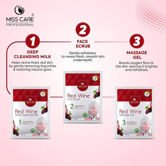 Miss Care Professional Red Wine Facial Kit 90g, 6-Step Skincare Set, Suitable For All Types of Skin, For Women & Men