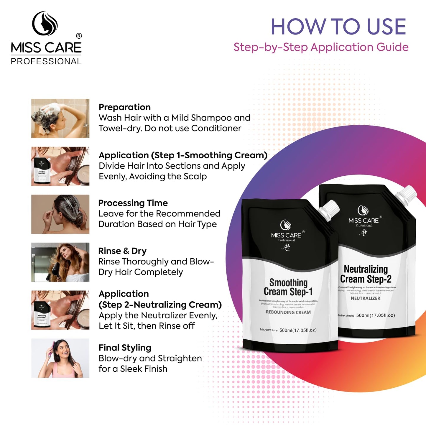 Miss Care Professional Smoothing Cream Step-1, 500ml, With Step-2, 500ml, Neutralizer, Rebounding Cream for Hair Straightening