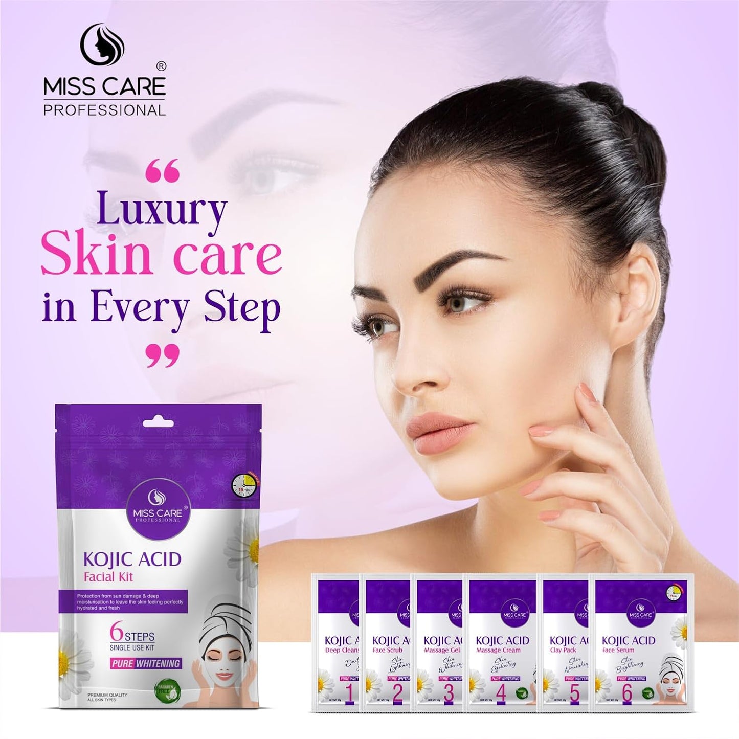 Miss Care Professional Kojic Acid Facial Kit 90g, 6-Step Skincare Set, Suitable For All Types of Skin, For Women & Men