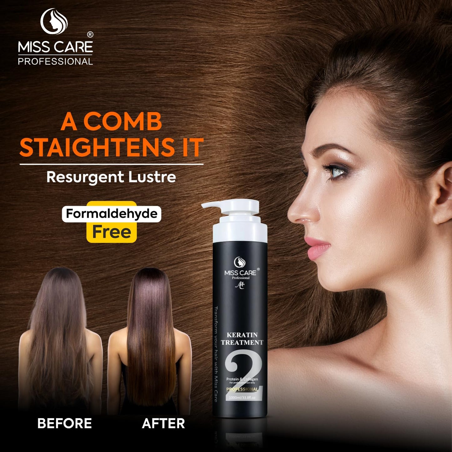 Miss Care Keratin Hair Treatment, Enriched with Protein and Collagen, for Professional Smooth, Manageable Hair, Frizz-Free Shiny Hair (1000 ml)