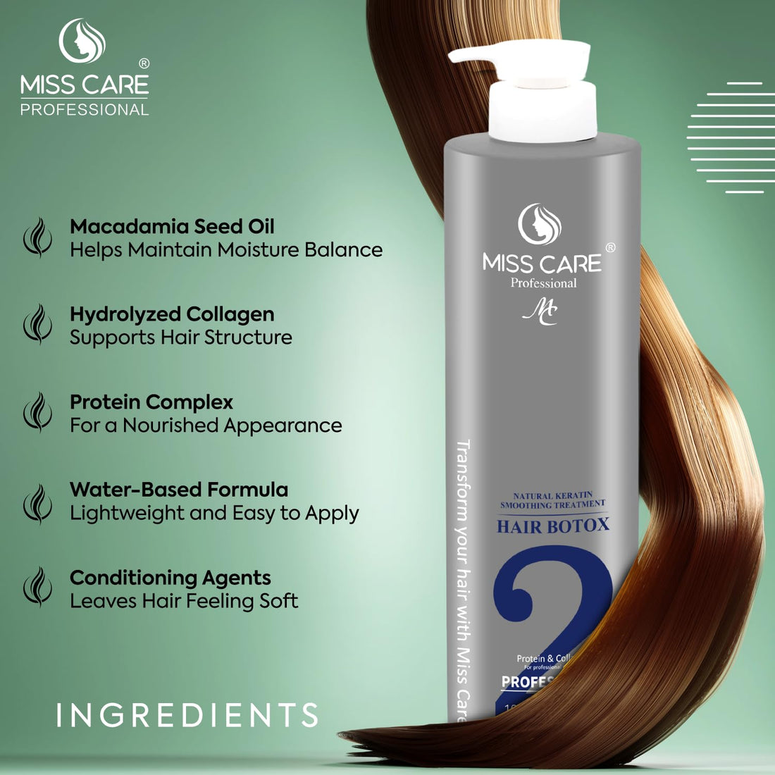 Miss Care Professional Hair Botox Treatment - 1000 ml, Natural Keratin Smoothening Treatment with Protein and Collagen