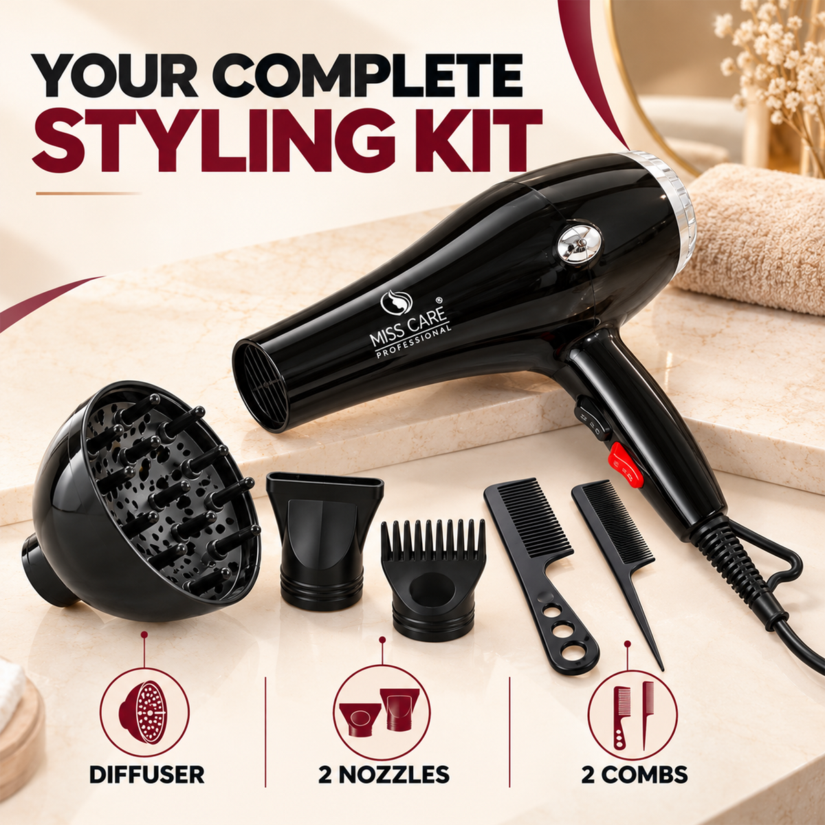 Miss Care Professional 5-in-1 Hair Dryer 6000 Watts with Styling Attachments — gallery image 4