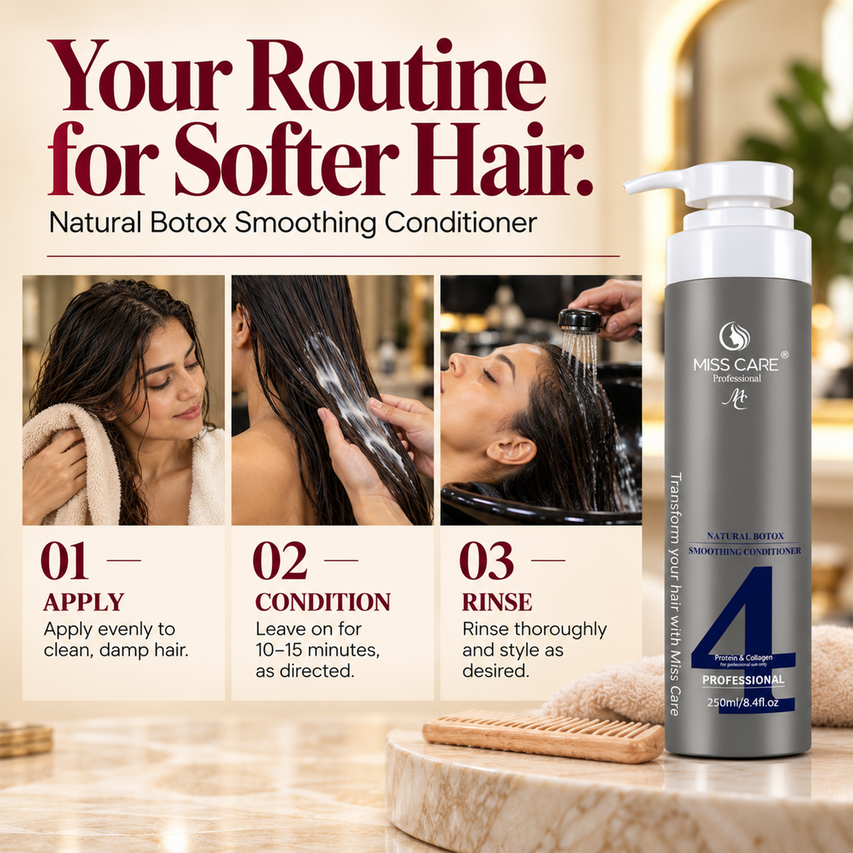 Miss Care Natural Botox Smoothing Conditioner -250ml, Infused with Protein and Collagen, for Smoother and Shinier Hair - Image 4