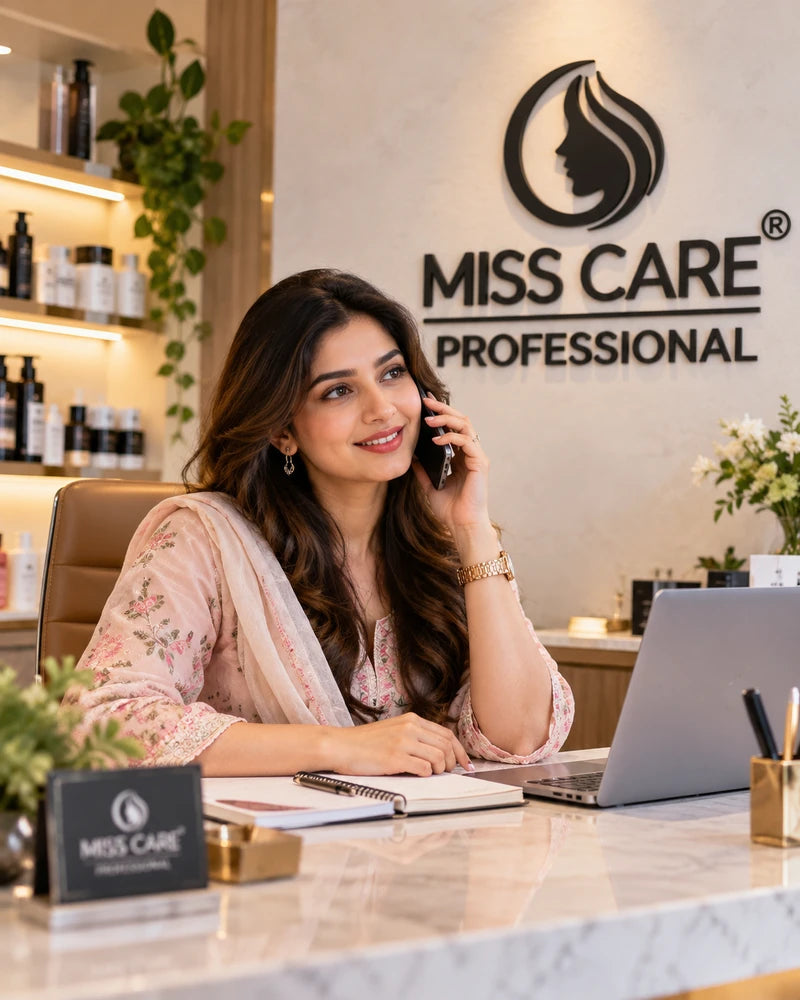 Miss Care Professional reception with a woman assisting by phone