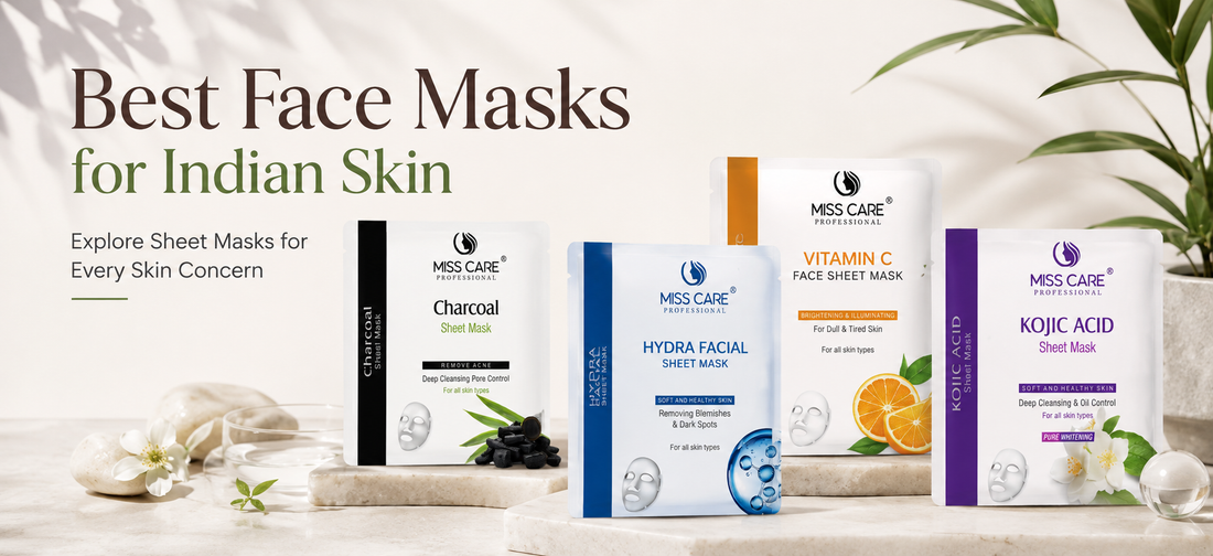 Best Face Masks for Indian Skin featuring Miss Care Professional Charcoal, Hydra Facial, Vitamin C and Kojic Acid Sheet Masks
