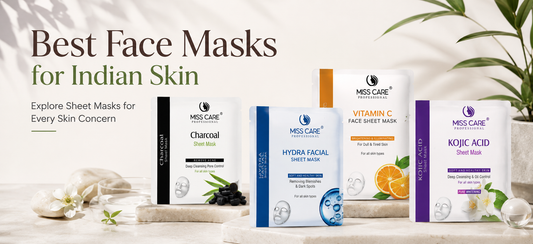 Best Face Masks for Indian Skin featuring Miss Care Professional Charcoal, Hydra Facial, Vitamin C and Kojic Acid Sheet Masks