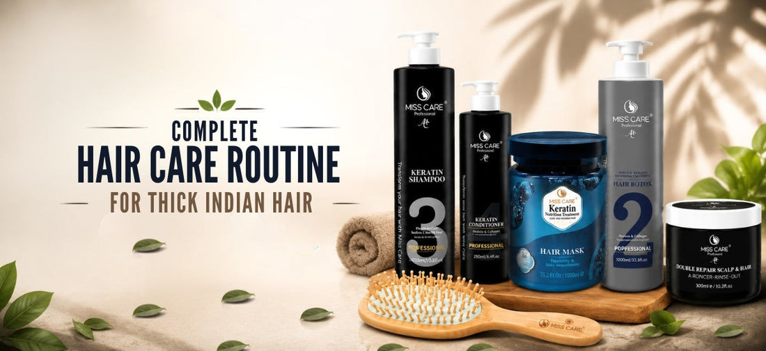 Complete Hair Care Routine for Thick Indian Hair featuring Miss Care Professional Keratin Shampoo, Keratin Conditioner, Keratin Hair Mask, Hair Botox Treatment, Double Repair Scalp & Hair Treatment, and Wooden Hair Brush.