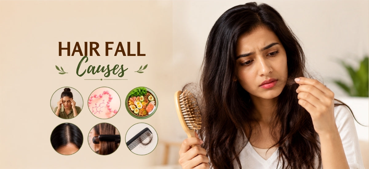 Hair fall causes in Indian women including stress, hormonal changes, nutrition, genetics, and hair damage