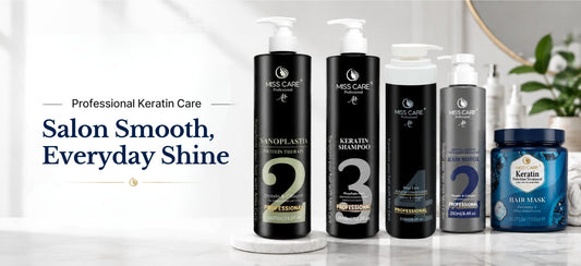 Miss Care Professional keratin treatment products including Nanoplastia Protein Therapy, Keratin Shampoo, Keratin Conditioner, Hair Botox, and Keratin Hair Mask for professional salon keratin care and smoother, healthier hair.