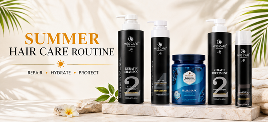Summer hair care routine for damaged hair in India featuring Miss Care Professional Keratin Shampoo, Conditioner, Hair Mask, Keratin Treatment and Hair Spray.