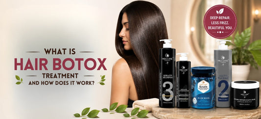 Miss Care Professional Hair Botox Treatment routine with Keratin Shampoo, Keratin Conditioner, Hair Mask, Hair Repair Treatment, and Wooden Paddle Hair Brush.