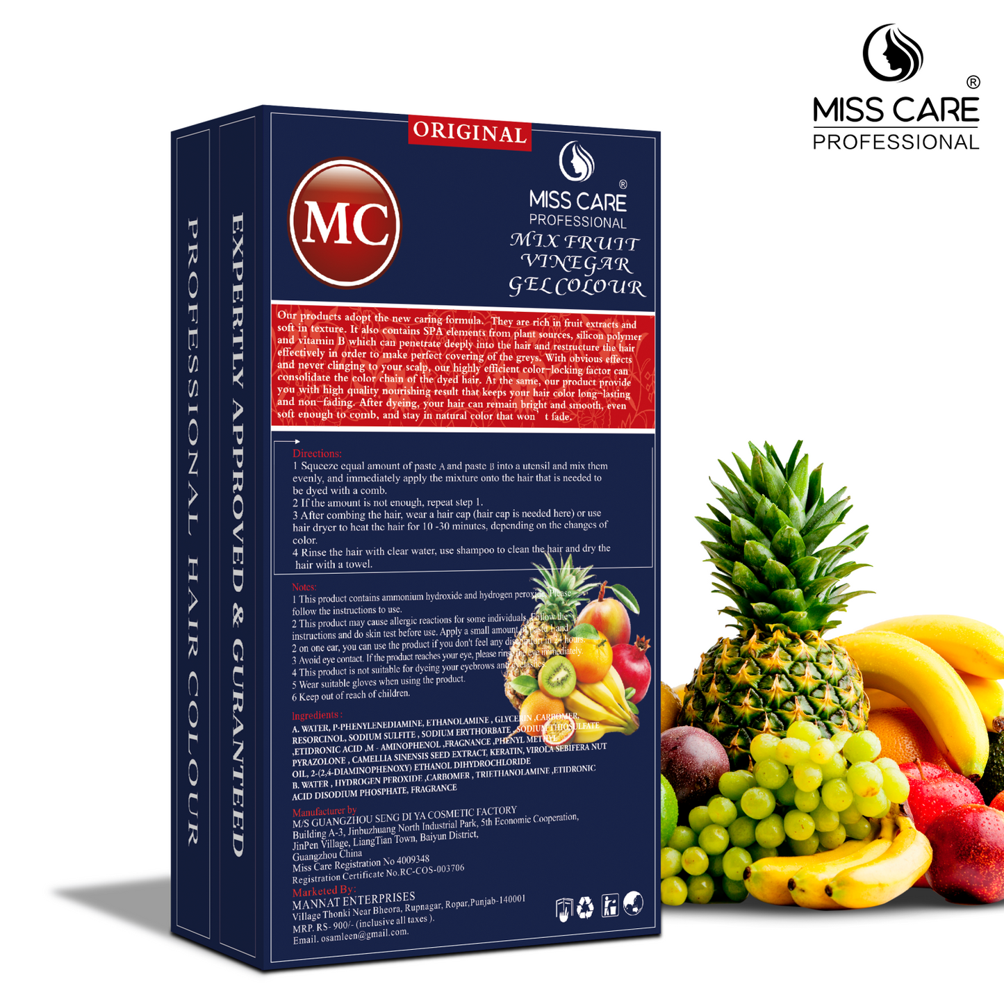 Miss Care Original MC Mix Fruit Vinegar Gel Colour (Natural Black Hair) - 1000 ml, Ammonia Free Hair Dye for Men and Women, Smooth Application