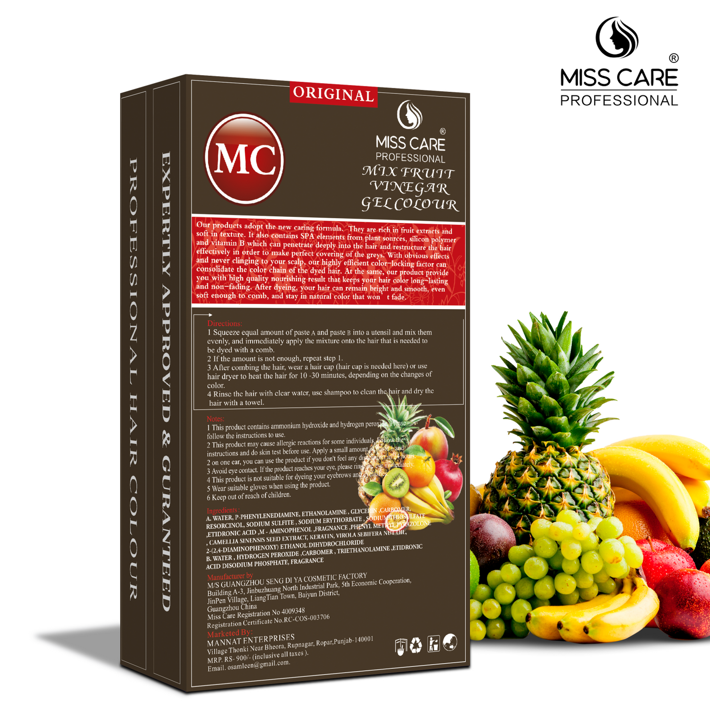 Miss Care Original MC Mix Fruit Vinegar Gel Colour (Dark Brown Hair) - 1000 ml, Ammonia Free Hair Dye for Men and Women, Smooth Application