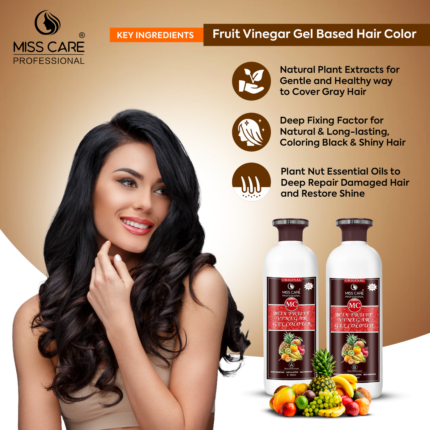 Miss Care Original MC Mix Fruit Vinegar Gel Colour (Dark Brown Hair) - 1000 ml, Ammonia Free Hair Dye for Men and Women, Smooth Application