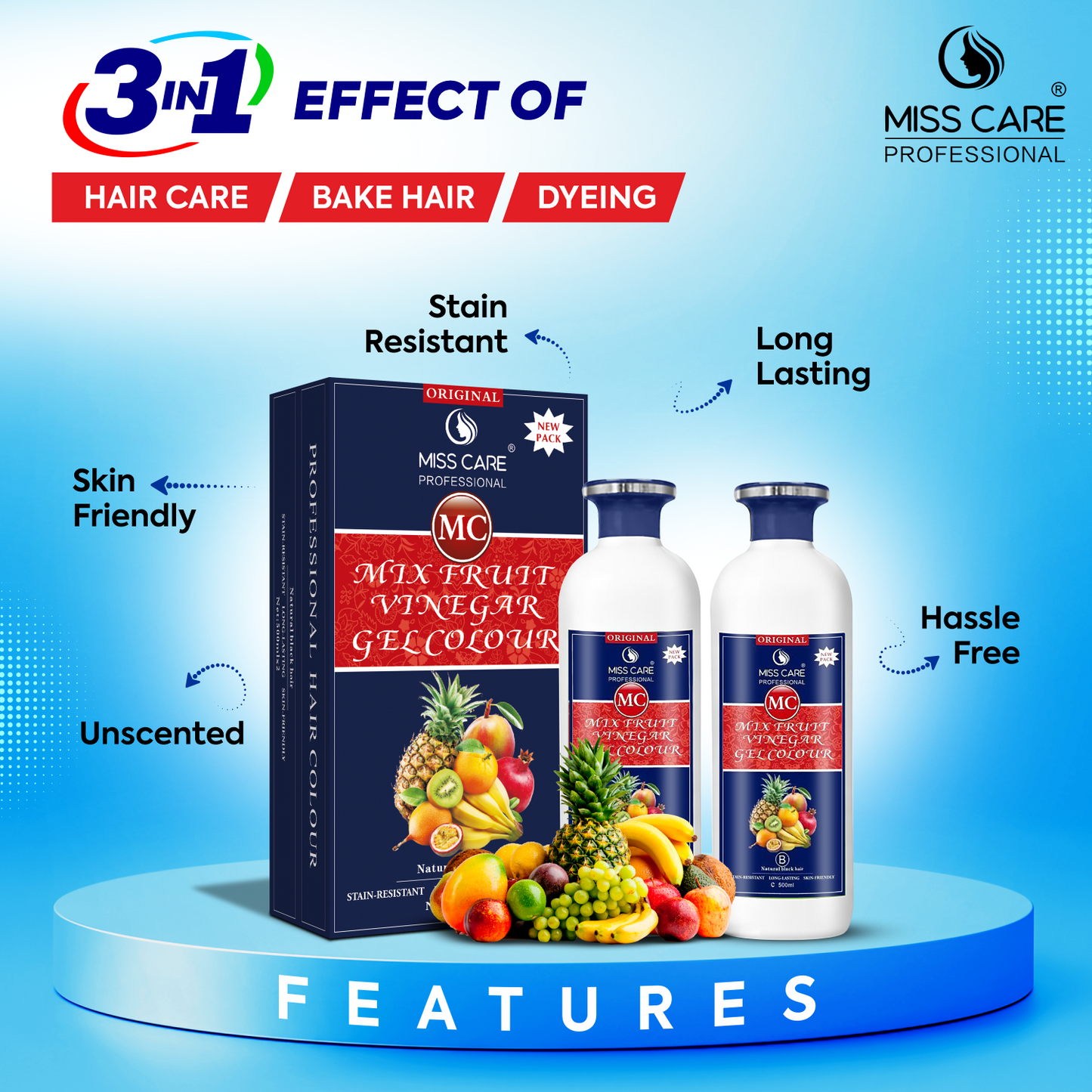 Miss Care Original MC Mix Fruit Vinegar Gel Colour (Natural Black Hair) - 1000 ml, Ammonia Free Hair Dye for Men and Women, Smooth Application