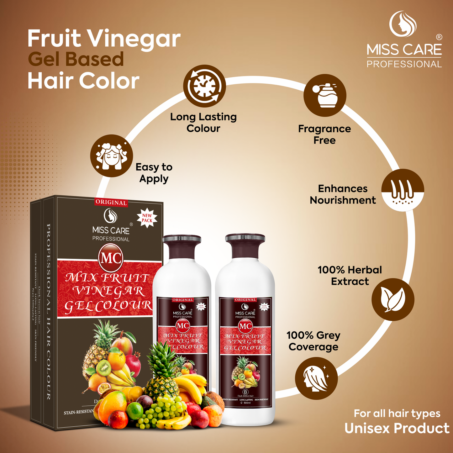 Miss Care Original MC Mix Fruit Vinegar Gel Colour (Dark Brown Hair) - 1000 ml, Ammonia Free Hair Dye for Men and Women, Smooth Application
