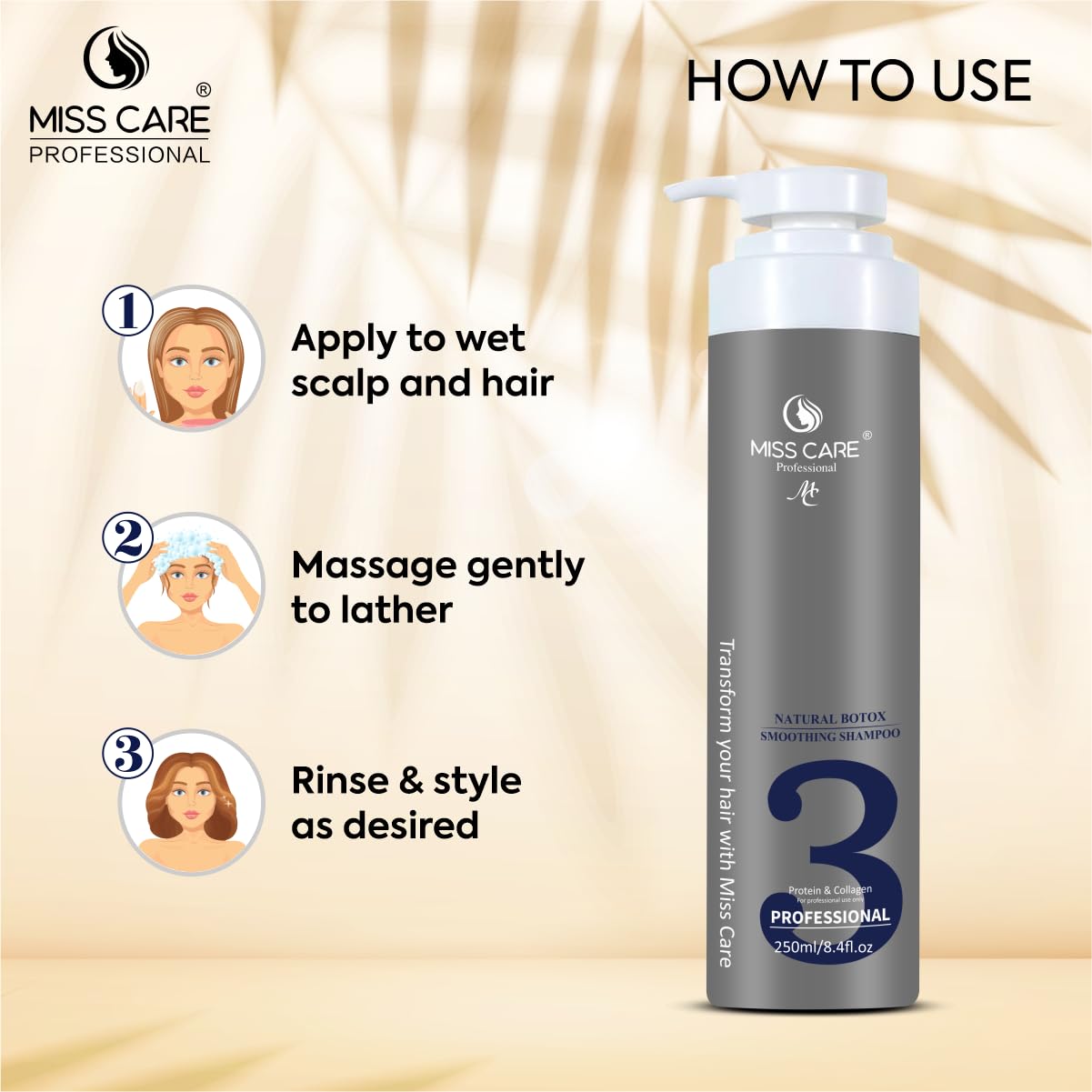 Miss Care Professional Natural Botox Smoothing Shampoo - 250ml, Infused with Protein and Collagen, for Smoother and Shinier Hair
