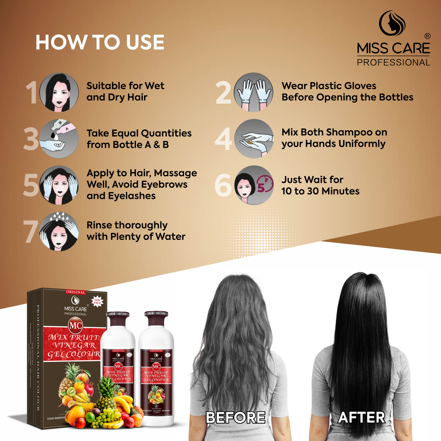 Miss Care Original MC Mix Fruit Vinegar Gel Colour (Dark Brown Hair) - 1000 ml, Ammonia Free Hair Dye for Men and Women, Smooth Application
