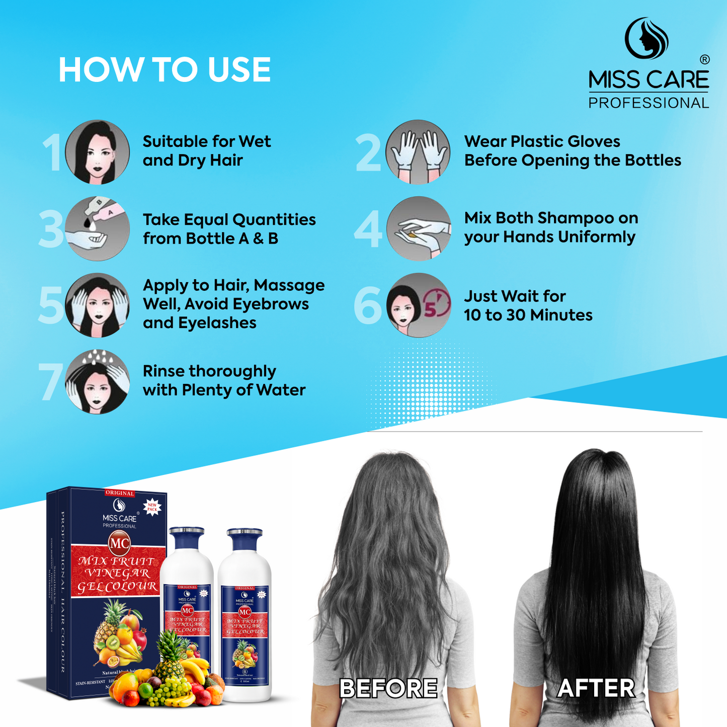 Miss Care Original MC Mix Fruit Vinegar Gel Colour (Natural Black Hair) - 1000 ml, Ammonia Free Hair Dye for Men and Women, Smooth Application