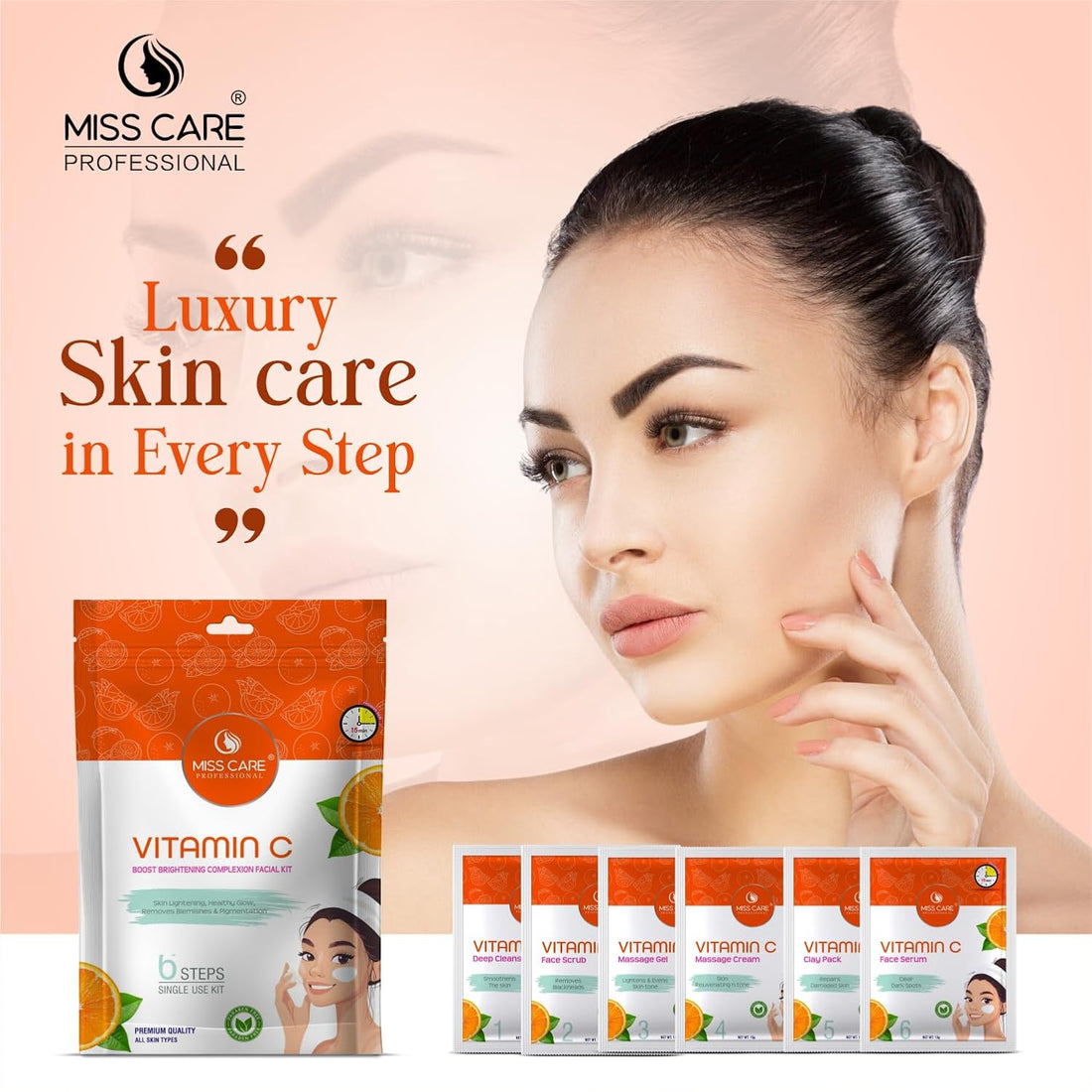 Miss Care Professional Vitamin C Facial Kit 90g, 6-Step Skincare Set, Suitable For All Types of Skin, For Women & Men