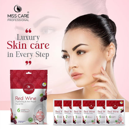 Miss Care Professional Red Wine Facial Kit 90g, 6-Step Skincare Set, Suitable For All Types of Skin, For Women & Men