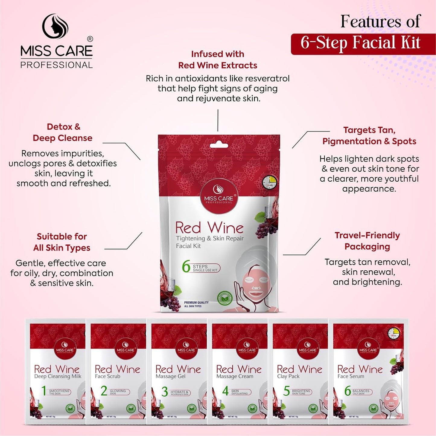 Miss Care Professional Red Wine Facial Kit 90g, 6-Step Skincare Set, Suitable For All Types of Skin, For Women & Men