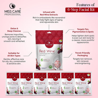 Miss Care Professional Red Wine Facial Kit 90g, 6-Step Skincare Set, Suitable For All Types of Skin, For Women & Men