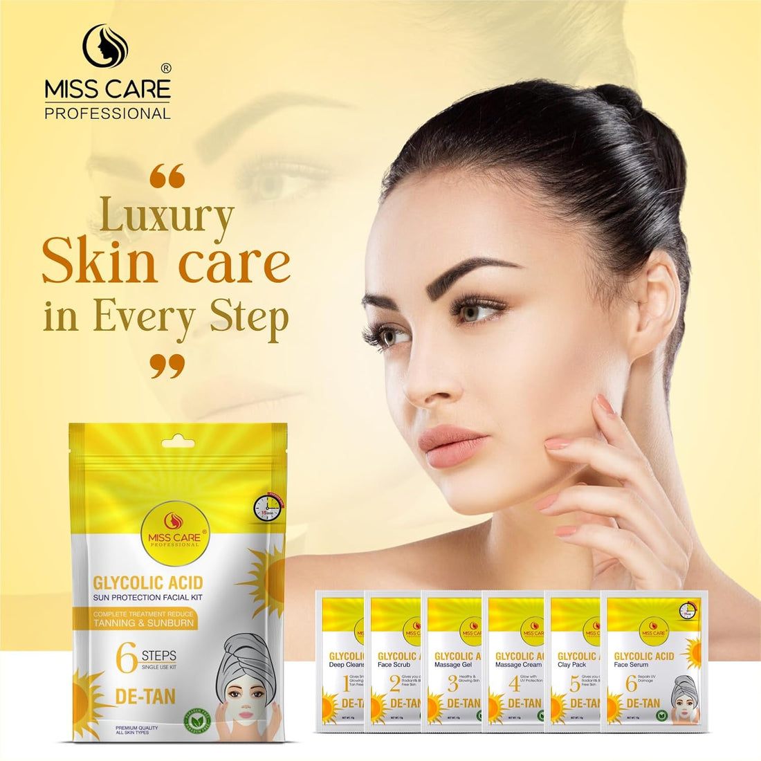 Miss Care Professional Glycolic Acid Facial Kit 90g, 6-Step Skincare Set, Suitable For All Types of Skin, For Women & Men