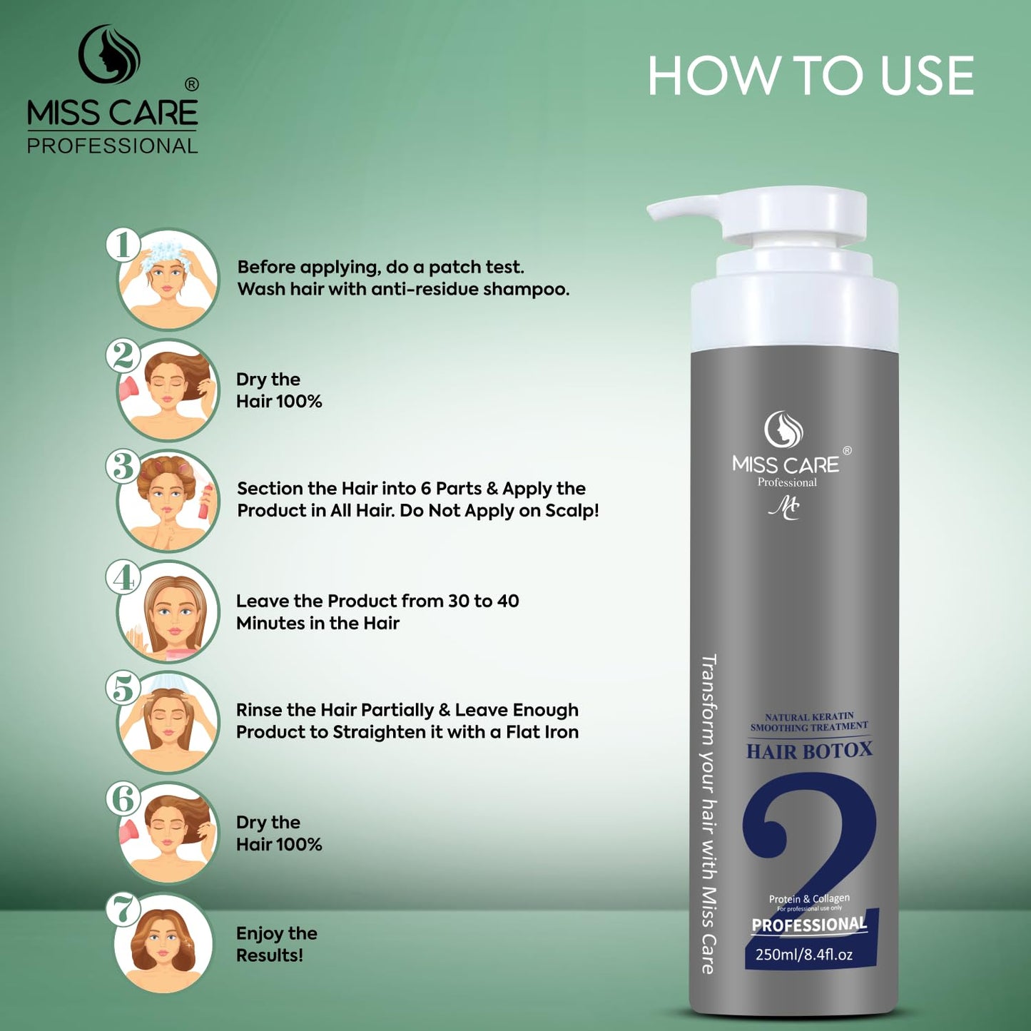 Miss Care Professional Hair Botox Treatment - 250ml, Natural Keratin Smoothening Treatment with Protein and Collagen